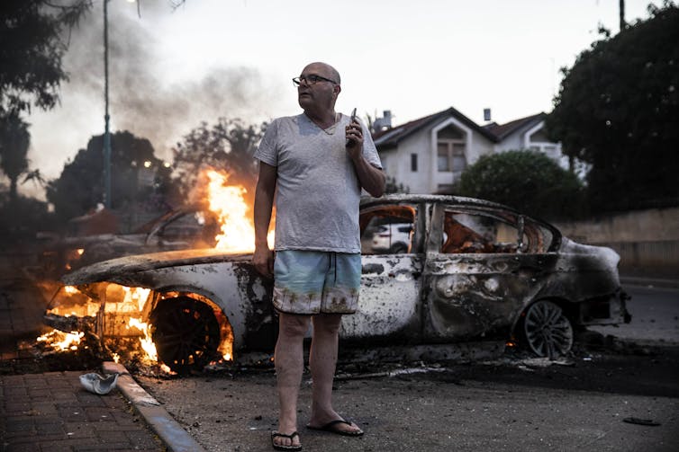 A burning car in the Israeli city of Lod.