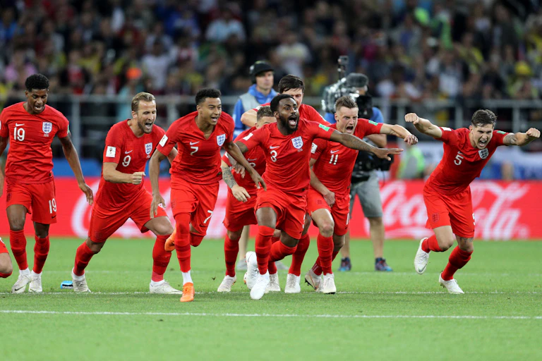 England players celebrate at the Spartak Stadium, Moscow in 2018