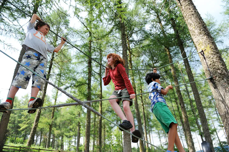 Children climb on a structure in a forest in Wales