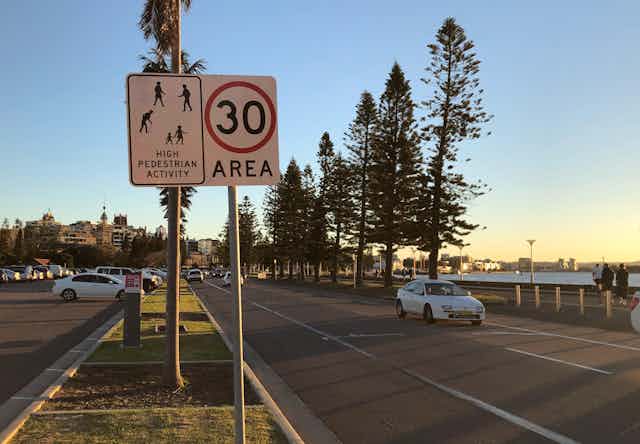 30km/h speed sign along Newcastle foreshore, New South Wales.