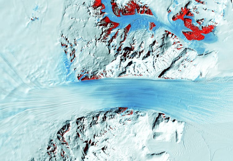 Long lines are formed by the glacier's flow