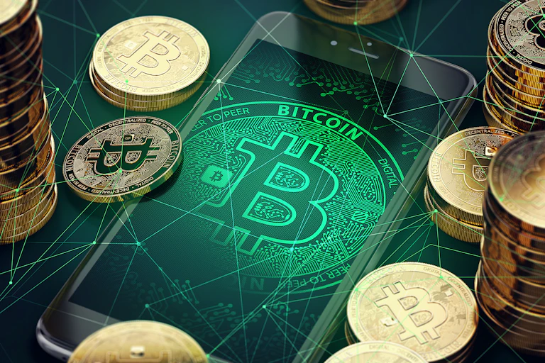 Bitcoin coins on logo