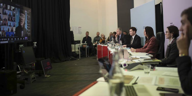 New Zealand Prime Minister Jacinda Ardern, third right, at the Christchurch Call summit on May 15 2021, discussing how to combat violent extremism being spread online.