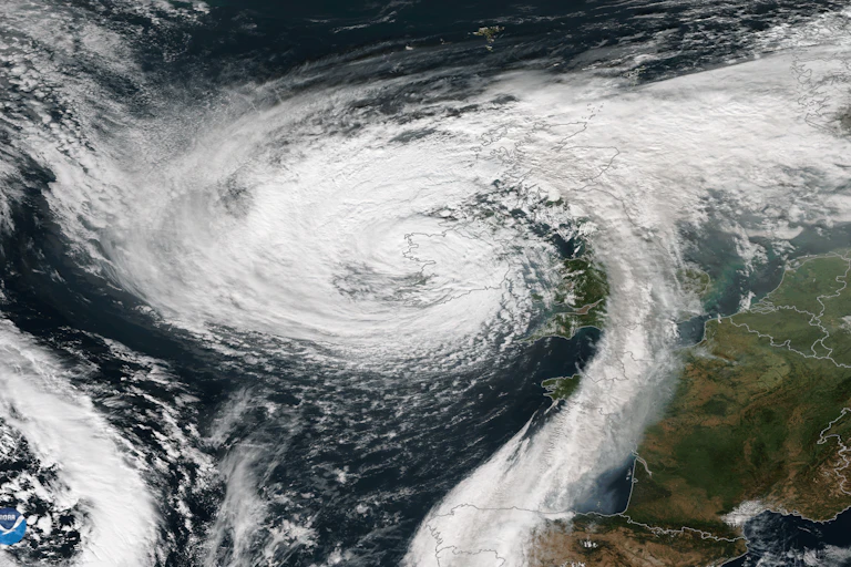 A satellite image depicting a swirl of cloud over the UK.