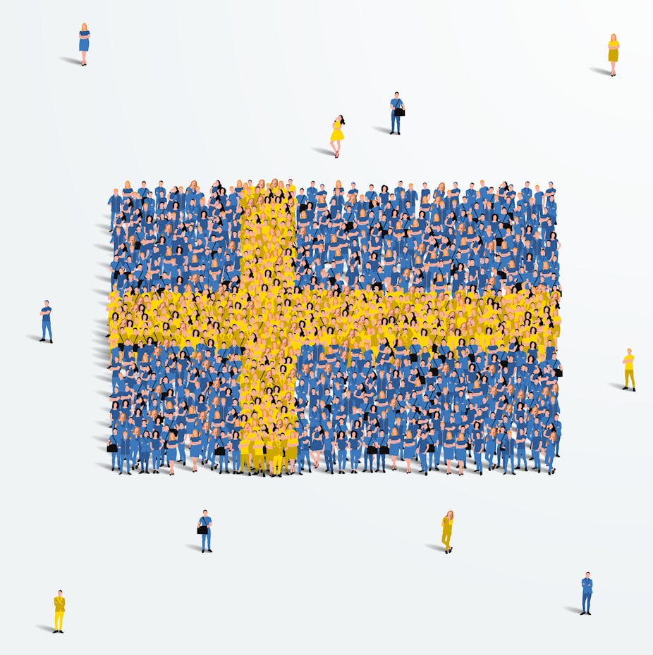 An illustration of people stood to form the Swedish flag
