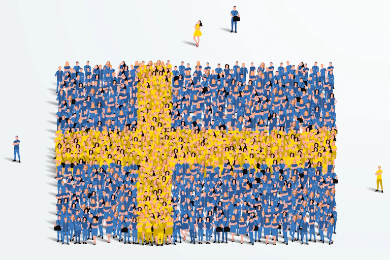 An illustration of people stood to form the Swedish flag