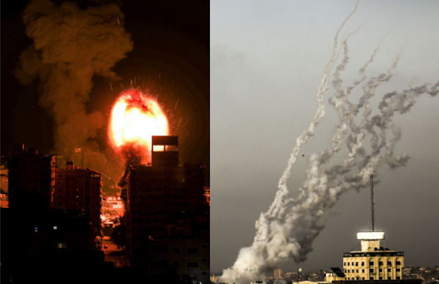 Two photos sandwiched together show an explosion in Gaza from Israeli missiles and smoke in the sky as missiles are launched towards Israel from Gaza.