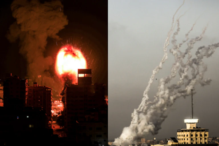 Two photos sandwiched together show an explosion in Gaza from Israeli missiles and smoke in the sky as missiles are launched towards Israel from Gaza.