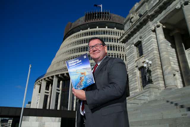  Finance Minister Grant Robertson holding a copy of Budget 2021 in front of parliament 