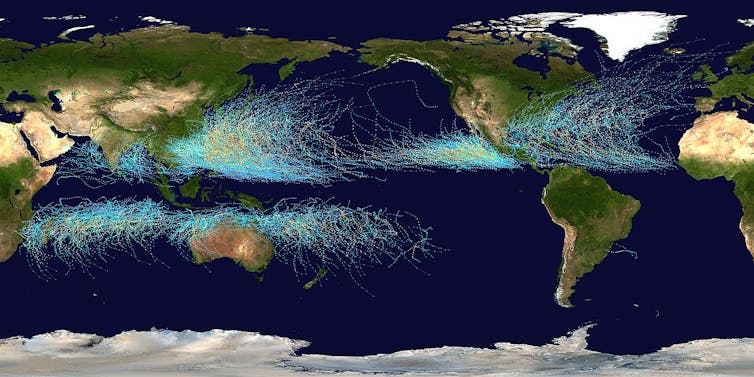 Lines showing hurricane paths over 20 years