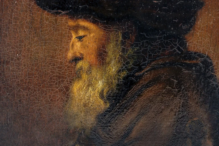 The painted face of an elder man in profile, cracked canvas displaying his grey beard and hatted head, his eyelids drooping downwards.