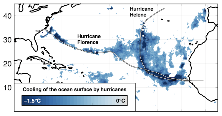 Chart showing the wakes of Hurricanes Florence and Helene in 2020