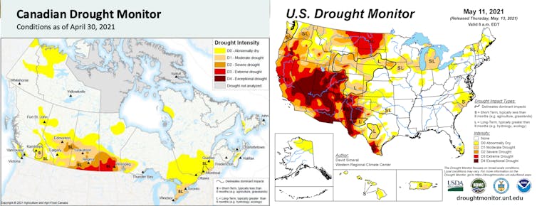 Two maps showing the intensity of drought impacts.
