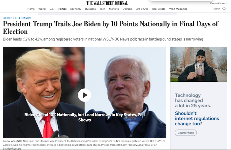 A screenshot of a Wall Street Journal story on Nov. 1, 2020, reporting a 10-point lead for Joe Biden in the final days of the 2020 campaign