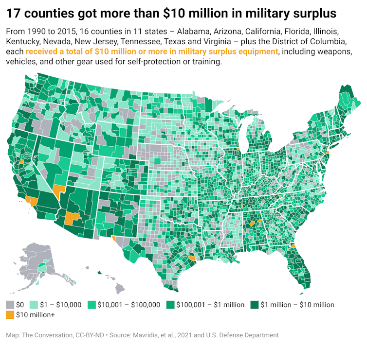 A map of the United States color coded to show the amount of military surplus different counties receive.