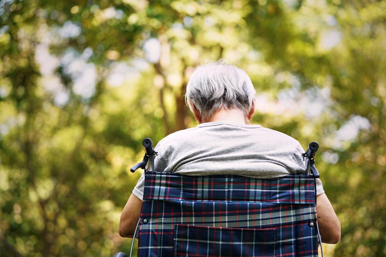 An elderly man sits in a wheelchair in parkland.