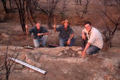 Harry Elliott, Bob Elliott, and Stephen Poropat at the Snake Creek Tracksite.