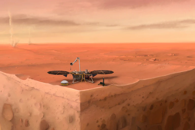 In this artist's concept of NASA's InSight lander on Mars, layers of the planet's subsurface can be seen below and dust devils can be seen in the background.