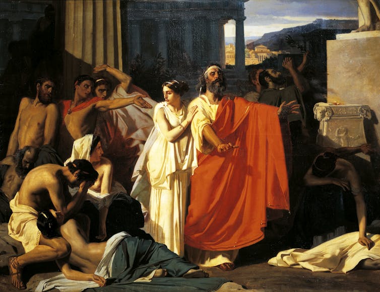 Painting of Oedipus and Antigone during the plague in Thebes, by Eugene-Ernest Hillemacher (1818-1887)