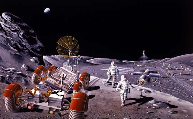 An artists rendition showing a Moon colony with astronauts and a rover.