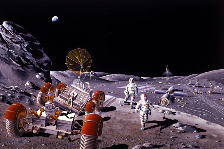 An artists rendition showing a Moon colony with astronauts and a rover.