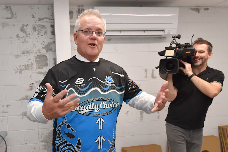 Scott Morrison, wearing a jersey which reads "Deadly Choice"