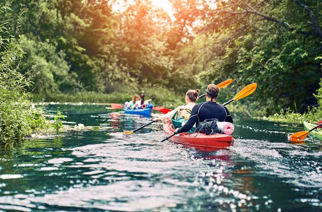Des kayakistes naviguent sur une rivière tranquille en pleine nature.