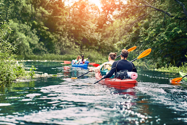 Des kayakistes naviguent sur une rivière tranquille en pleine nature.