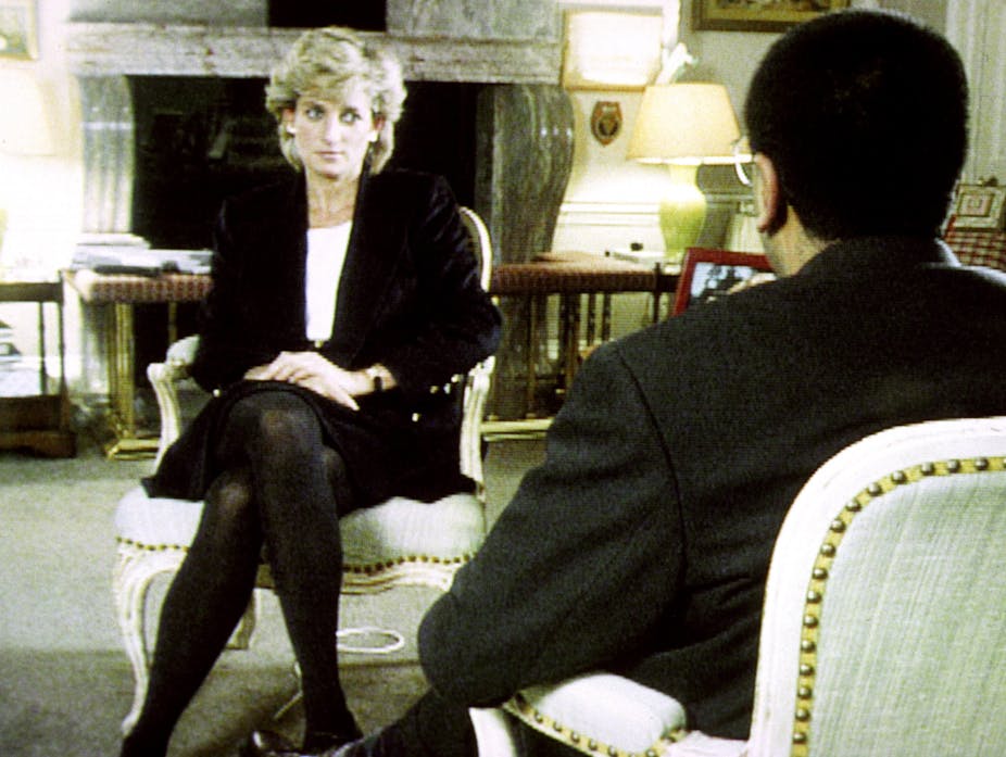 Prinecss Diana sitting crosslegged facing BBC reporter Martin Bashir.