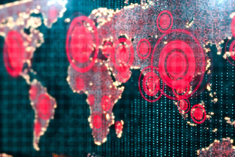 World map with concentric red circles on different locations across continents