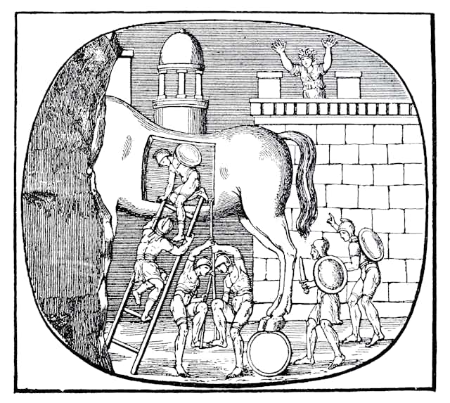 engraving depicting soldiers with swords and shields climbing down a ladder from inside a statue of a horse near a city wall