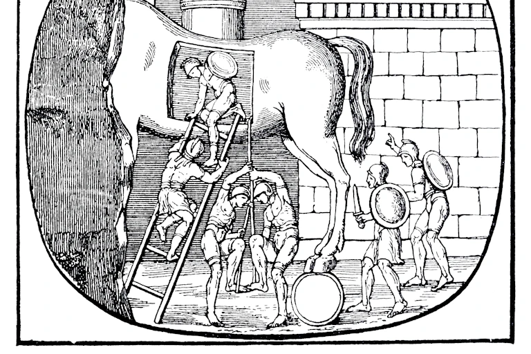 engraving depicting soldiers with swords and shields climbing down a ladder from inside a statue of a horse near a city wall