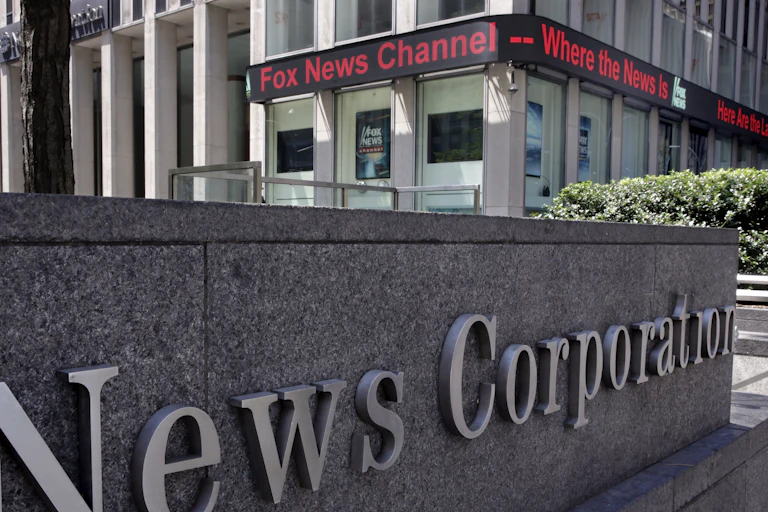 The exterior of Fox News studios in the News Corporation headquarters building appears in New York.