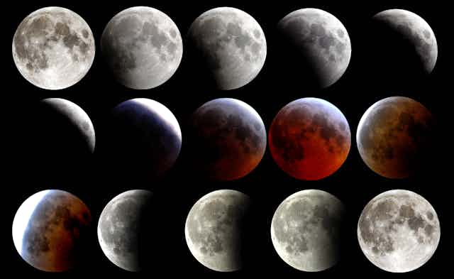 A number of photos of the moon showing  phases of a lunar eclipse.
