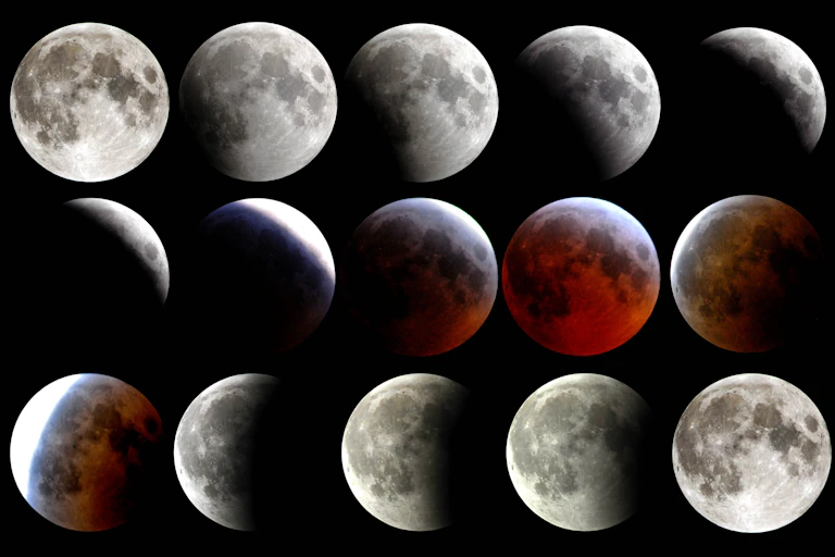 A number of photos of the moon showing phases of a lunar eclipse.