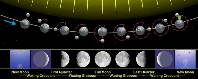 Un diagramme montrant la position relative de la Terre et de la Lune et comment cela correspond aux phases de la Lune.