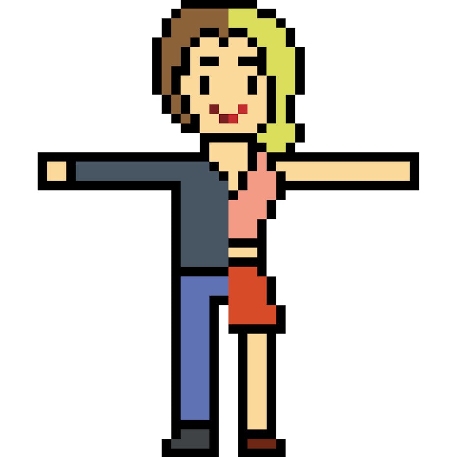 A pixelated person who is half man, half woman.