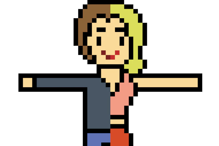 A pixelated person who is half man, half woman.
