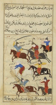 Una vieja ilustración de hombres peleando a caballo.