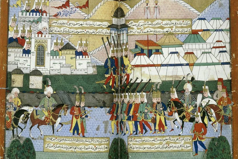 Illustrated book of soldiers marching outside a walled city