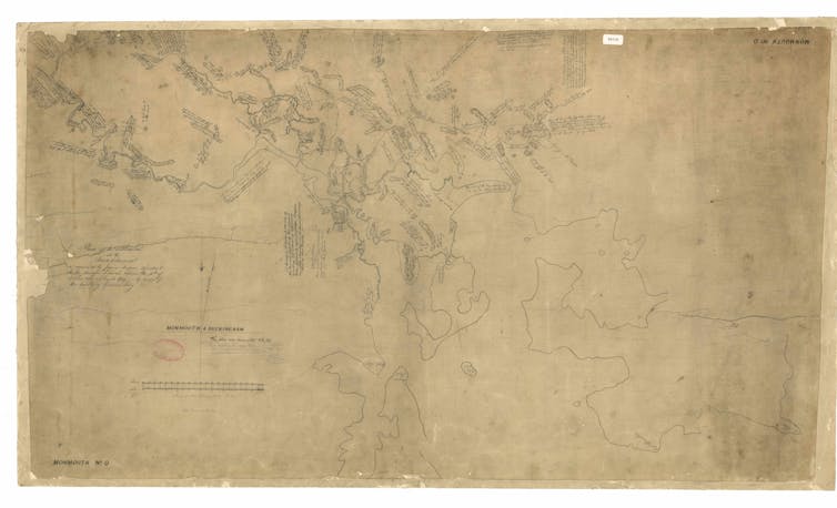 rough looking map showing Derwent River and surrounding terrain