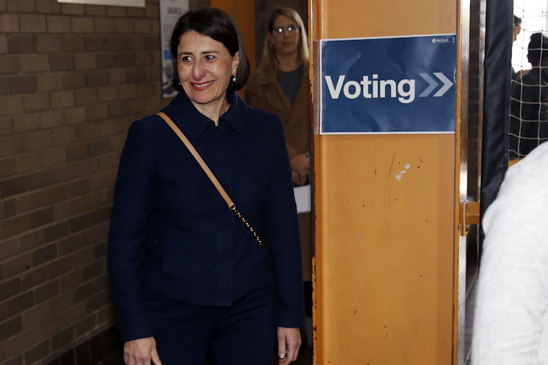 NSW Premier Gladys Berejiklian at a by-election polling station.