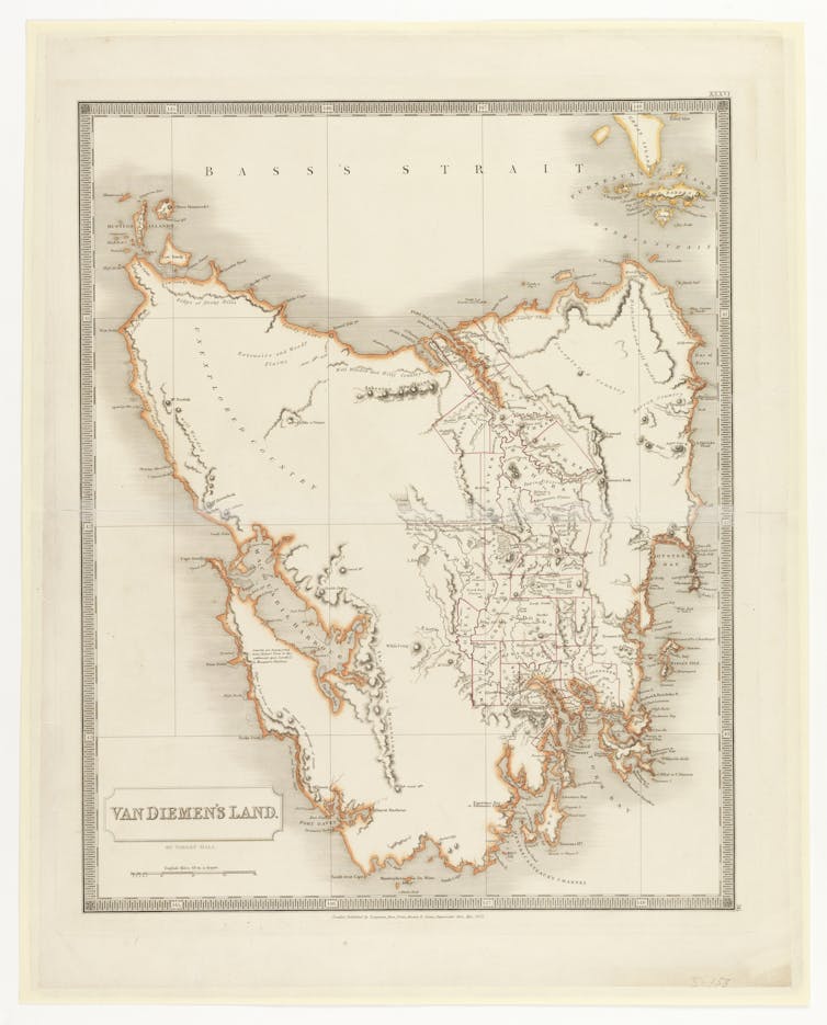 Map of Van Diemen's Land/Tasmania. Macquarie Harbour on the west coast is enormous.