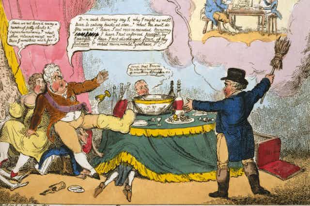 A satirical cartoon showing the Prince Regent and his mistress eating and drinking while being berated for their decadence. 