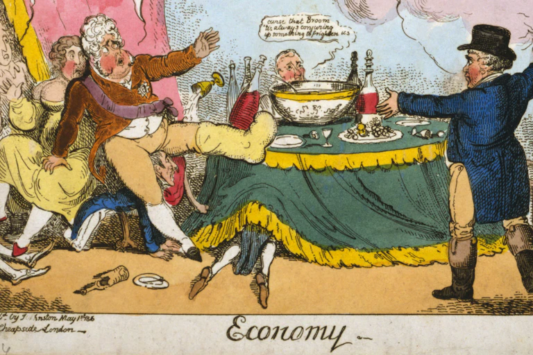 A satirical cartoon showing the Prince Regent and his mistress eating and drinking while being berated for their decadence.