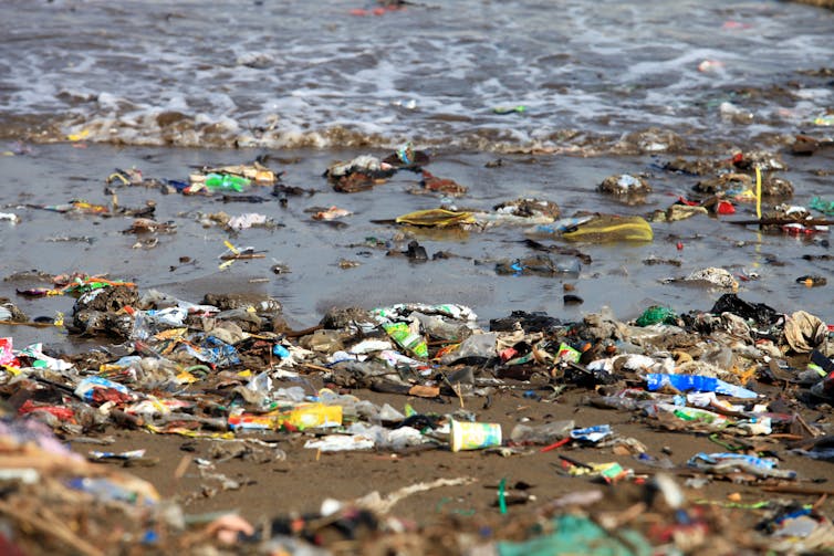 Garbage pollution at a beach.