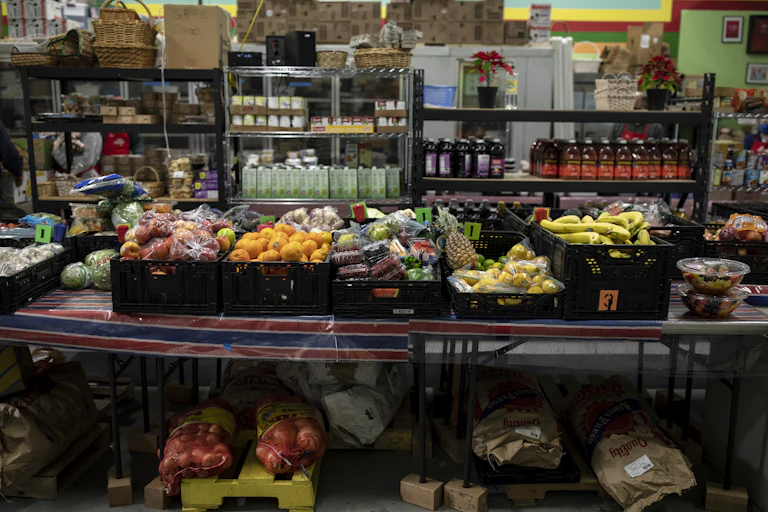 A table with fresh fruit on display at a food panty in Portland, Maine
