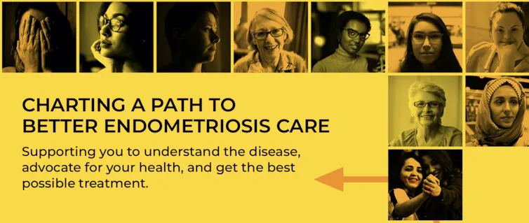A yellow image with images of people reads CHARTING A PATH TO BETTER ENDOMETRIOSIS CARE. SUPPORTING YOU TO UNDERSTAND THE DISEASE, ADVOCATE FOR YOUR HEALTH, AND GET THE BEST POSSIBLE TREATMENT.