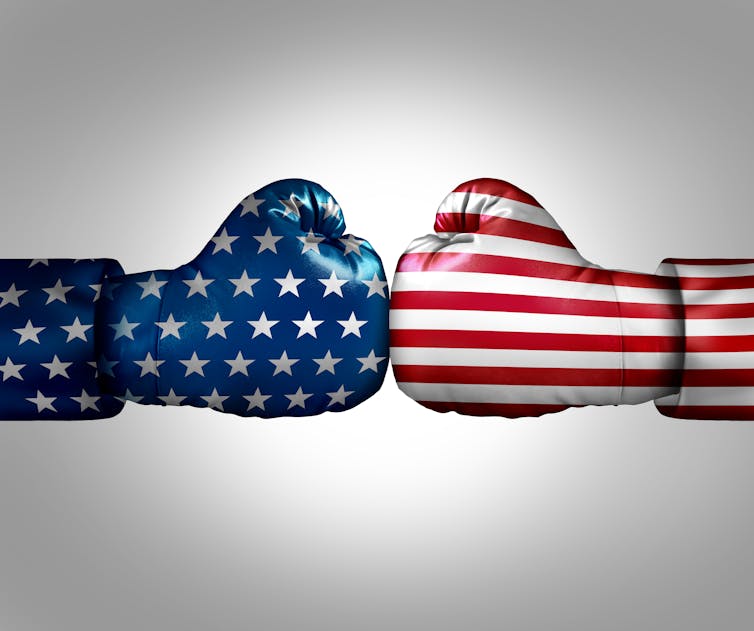 Two boxing gloves that represent Red and Blue America, pushing against each other.