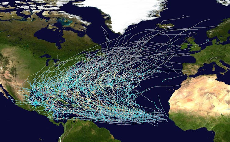 Storm tracks show the curved track from Africa into the Gulf of Mexico and out to the ocean.